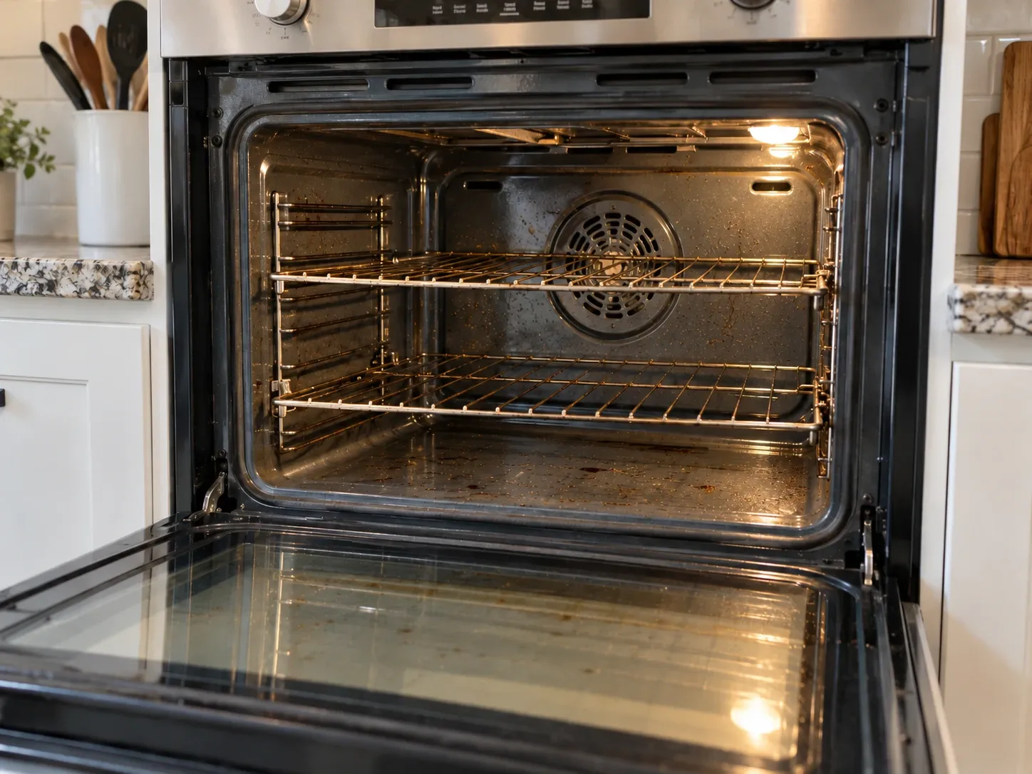 Geöffneter Einbaubackofen mit eingebrannten Fettspritzern an Rückwand, Boden und Türglas