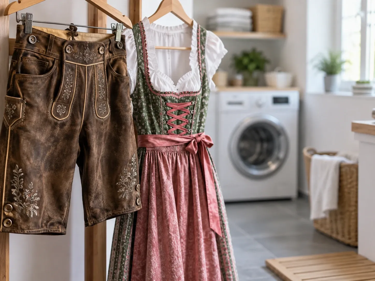 Lederhose und Dirndl mit Bluse und rosa Schürze hängen auf Bügeln in einem Hauswirtschaftsraum vor einer Waschmaschine