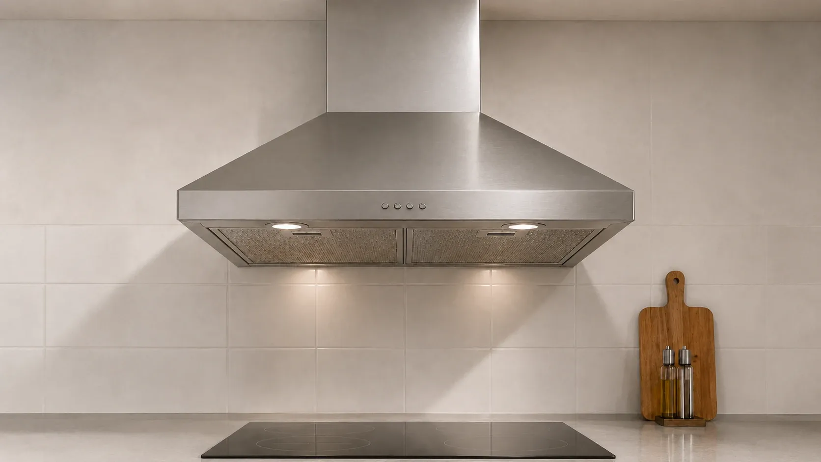 Edelstahl-Dunstabzugshaube über einem Induktionskochfeld mit sichtbaren Metallfettfiltern an der Unterseite