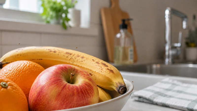Obstschale mit reifen Aprikosen und Pflaumen auf einer Arbeitsplatte, im Hintergrund ein offener Kühlschrank