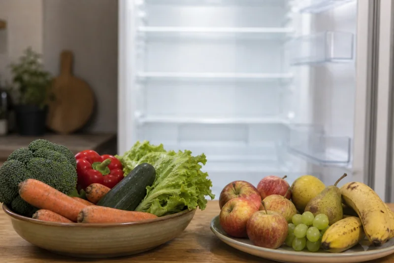 Gemüse & Obst vor Kühlschrank
