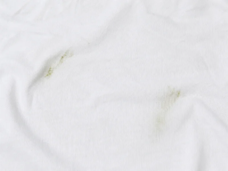Zwei grüne Grasflecken auf einem weißen Baumwoll-T-Shirt