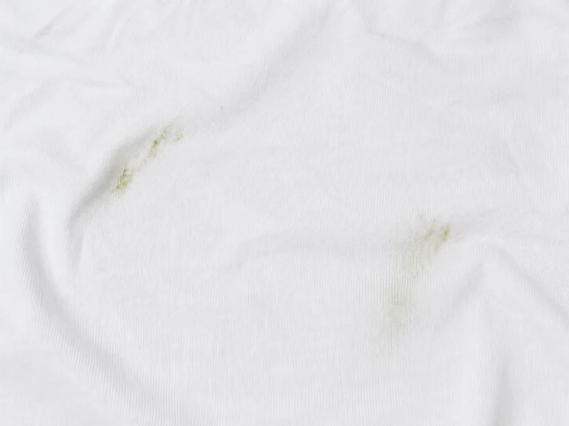 Zwei grüne Grasflecken auf einem weißen Baumwoll-T-Shirt