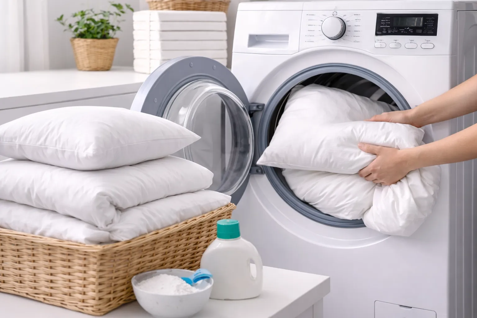 Kissen und Bettdecke in der Waschmaschine