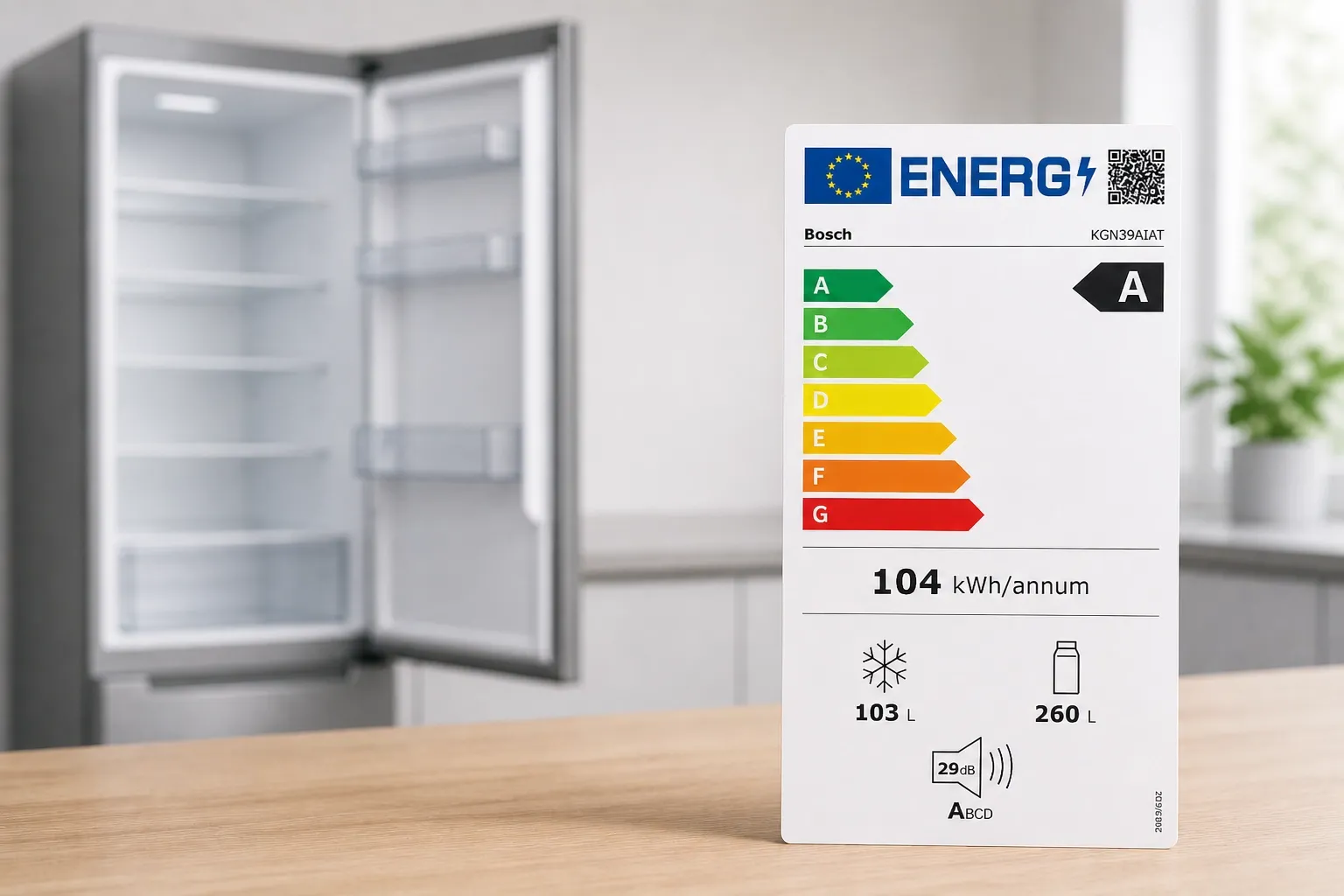 Energielabel eines Kühlschranks mit Effizienzklasse und Verbrauchsangaben