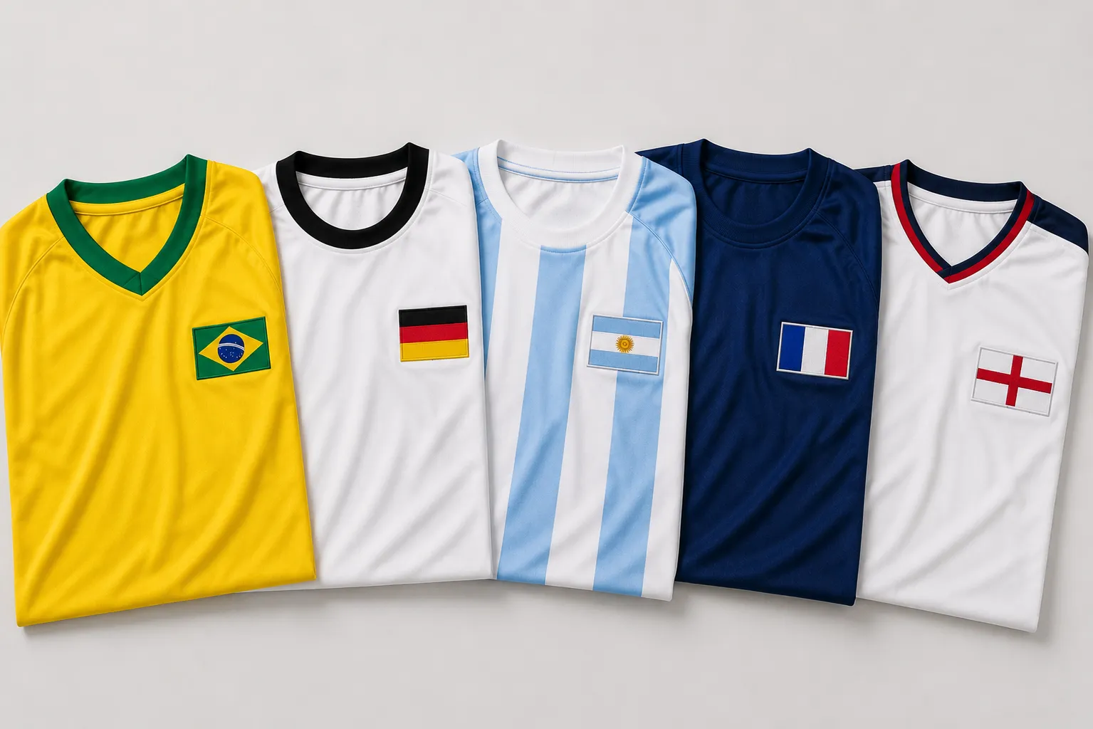 Gefaltete Nationaltrikots von Brasilien, Deutschland, Argentinien, Frankreich und England