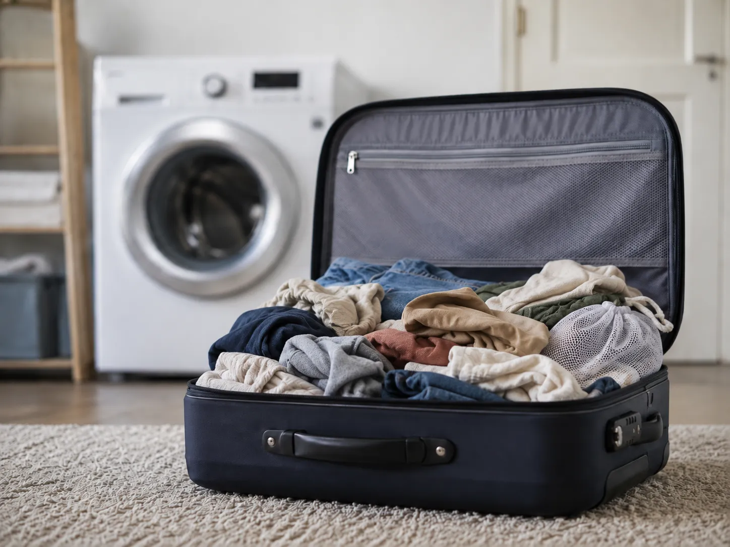 Geöffneter Koffer mit Urlaubswäsche vor einer Waschmaschine