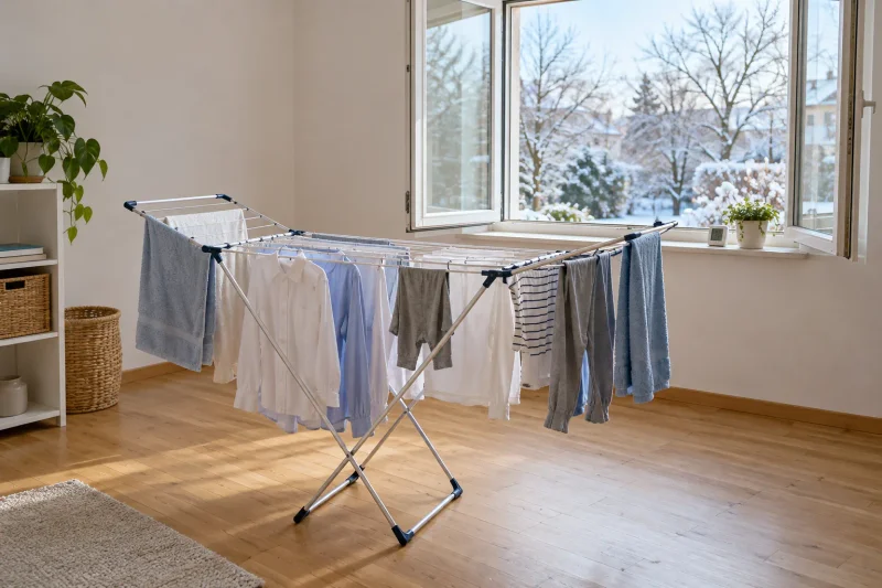 Wäscheständer mit Hemden und Handtüchern in einem hellen Zimmer, dahinter ein weit geöffnetes Fenster mit verschneitem Garten