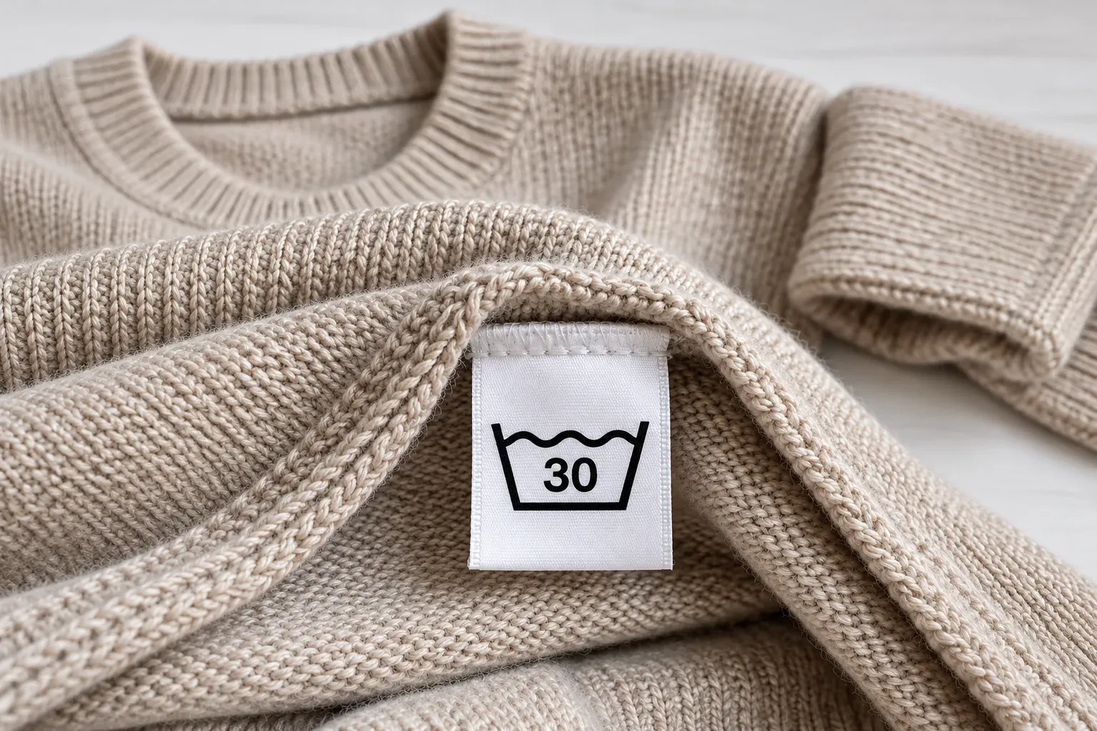 Beiger Strickpullover mit Pflegeetikett, auf dem das Waschsymbol Bottich mit 30 zu sehen ist