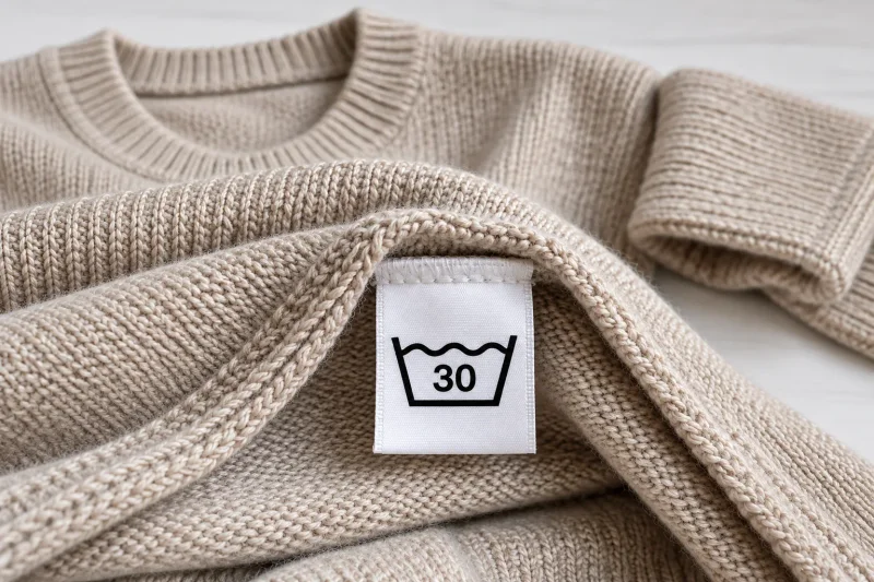 Beiger Strickpullover mit Pflegeetikett, auf dem das Waschsymbol Bottich mit 30 zu sehen ist