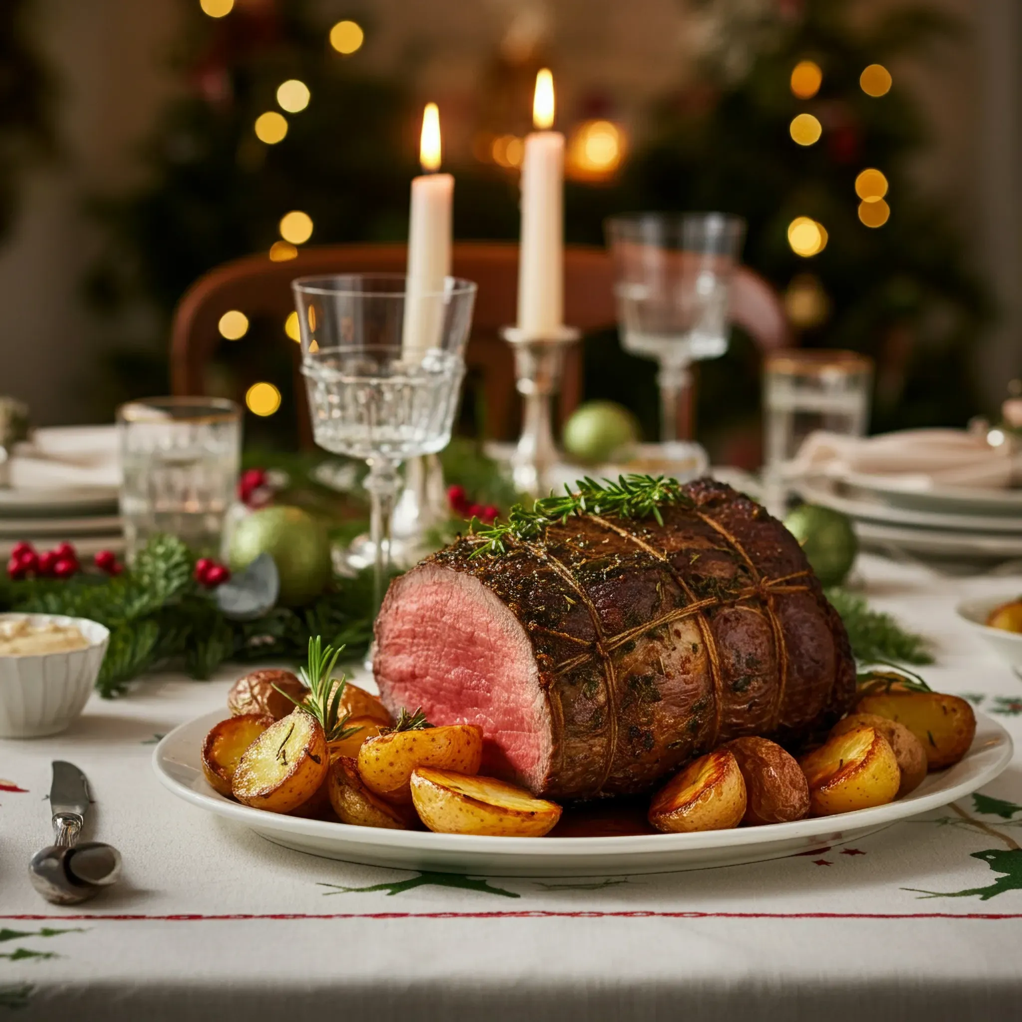 Weihnachtlicher Tisch mit Braten und Beilagen